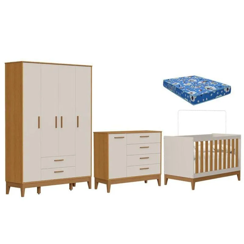 Quarto De Bebê Flip Com Cômoda Sapateira Areia Acetinado Savana Com Colchão Ortobom - Reller