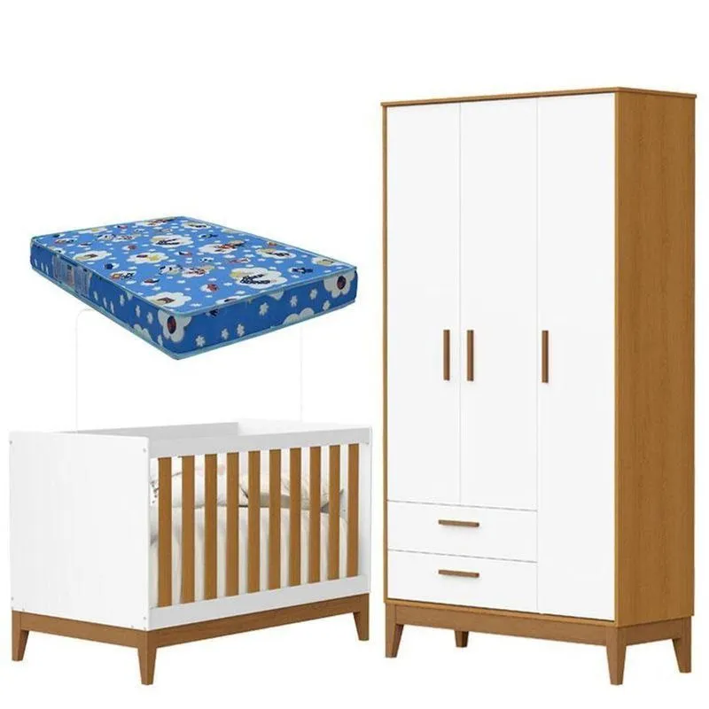 Guarda Roupa Infantil 3 Portas Com Berço Americano Flip Branco Acetinado Savana Com Colchão Ortobom - Reller
