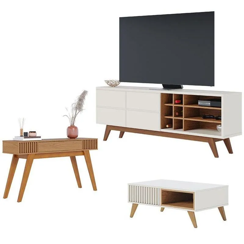 Rack Bancada Noronha 1.8 Com Mesa De Centro Jeri Off White Matte Freijó E Aparador Riviera Freijó - Colibri