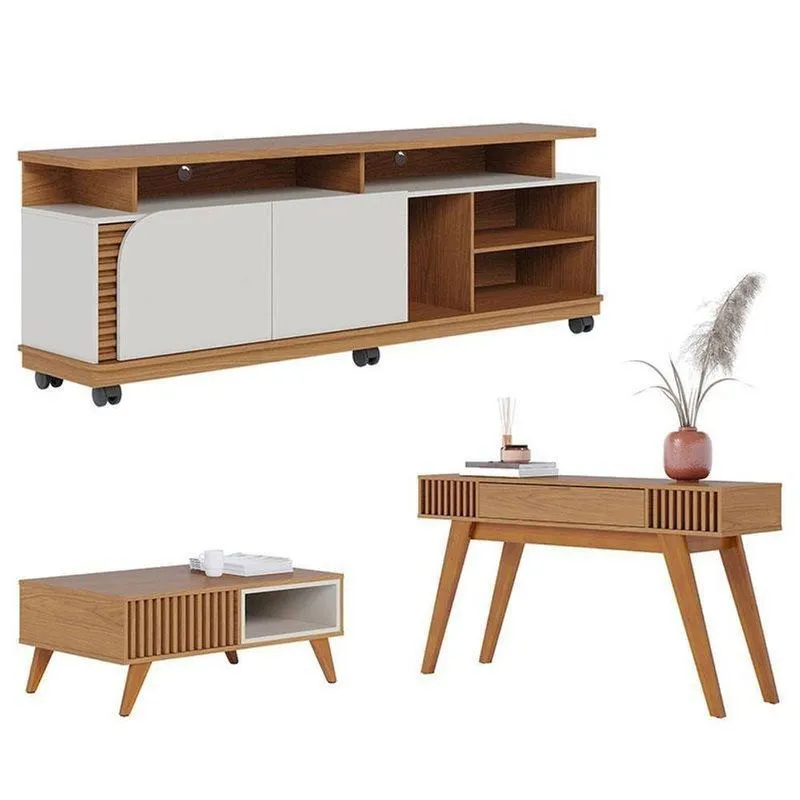 Rack Bancada Jurerê 1.8 Com Mesa De Centro Jeri Freijó Off White Matte E Aparador Riviera Freijó Colibri