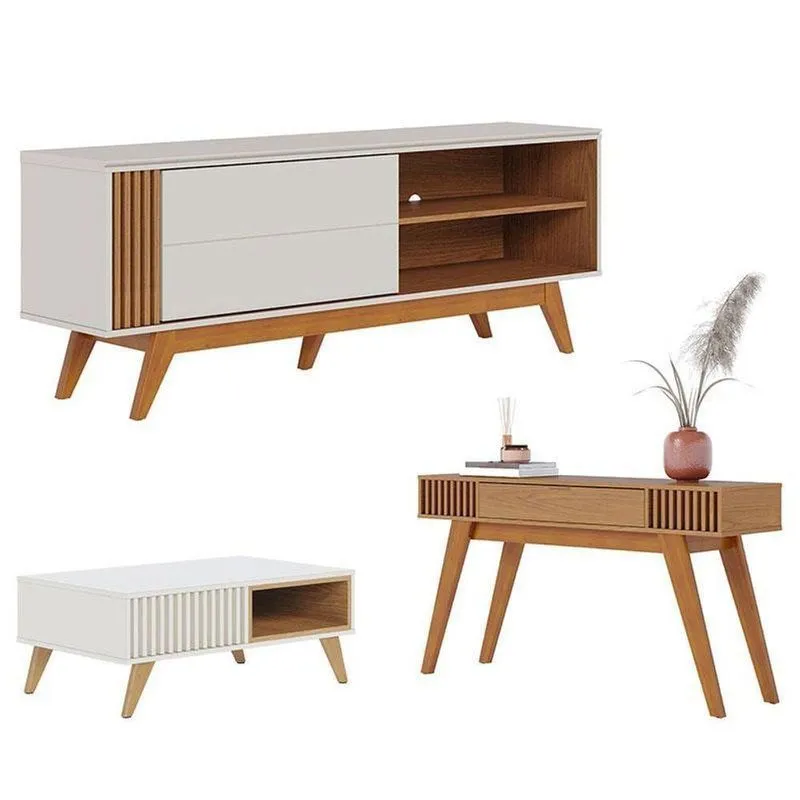 Rack Bancada Otawa Com Mesa De Centro Jeri Off White Freijó E Aparador Riviera Freijó Colibri