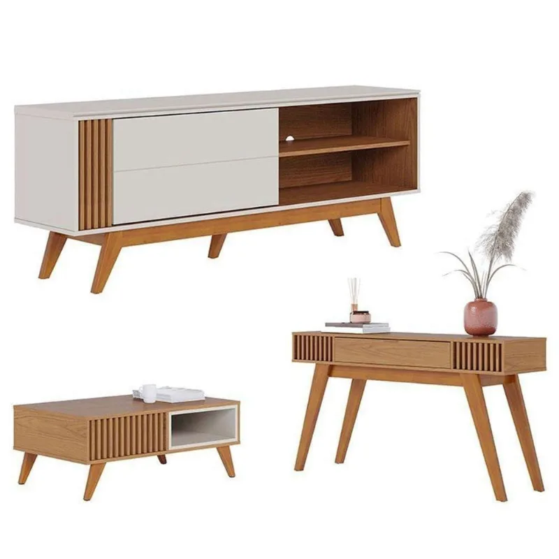 Rack Bancada Otawa Off White Freijó Com Mesa De Centro Jeri Freijó Off White E Aparador Riviera Freijó Colibri