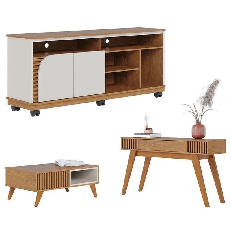 Rack Bancada Jurerê 1.5 Com Mesa De Centro Jeri Freijó Off White Matte E Aparador Riviera Freijó - Colibri