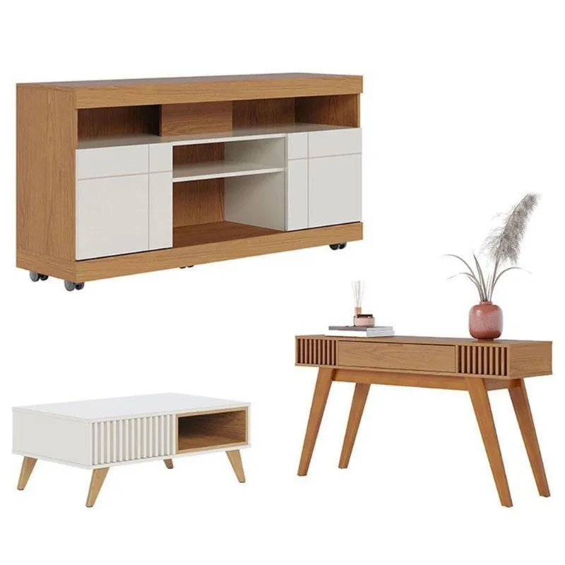 Rack Bancada Yara Freijó Off White Com Mesa De Centro Jeri Off White Freijó E Aparador Riviera Freijó Colibri