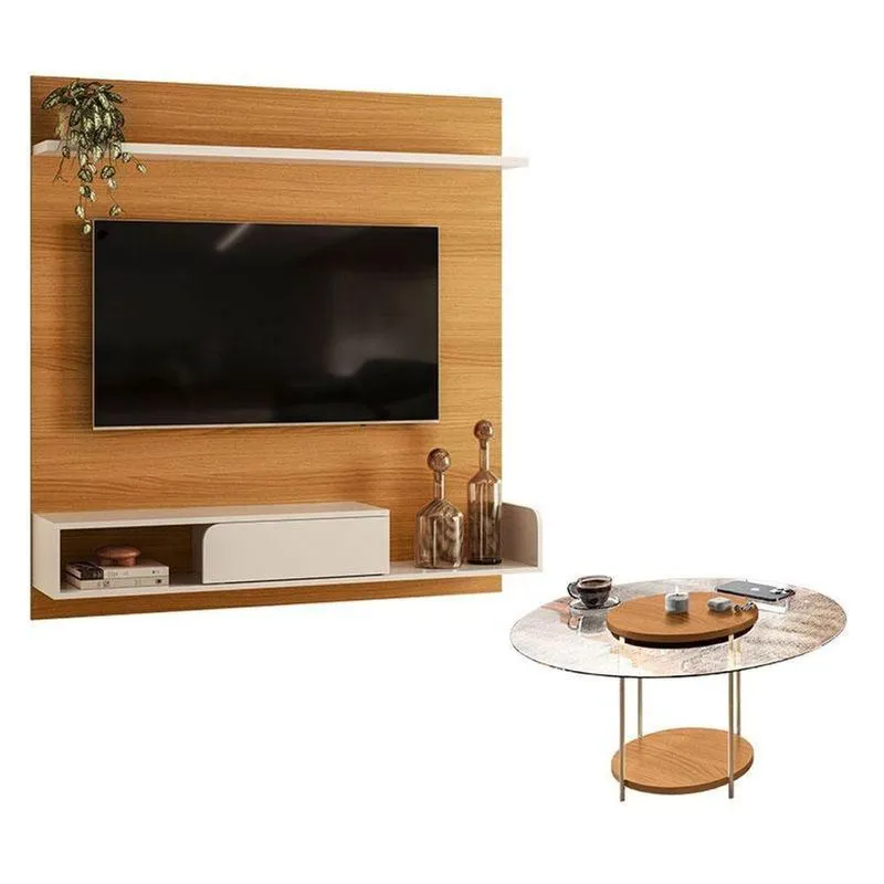 Painel Para Tv Suspenso Evo Com Mesa De Centro Sky Com Tampo De Vidro Cinamomo Off White - Hb Móveis