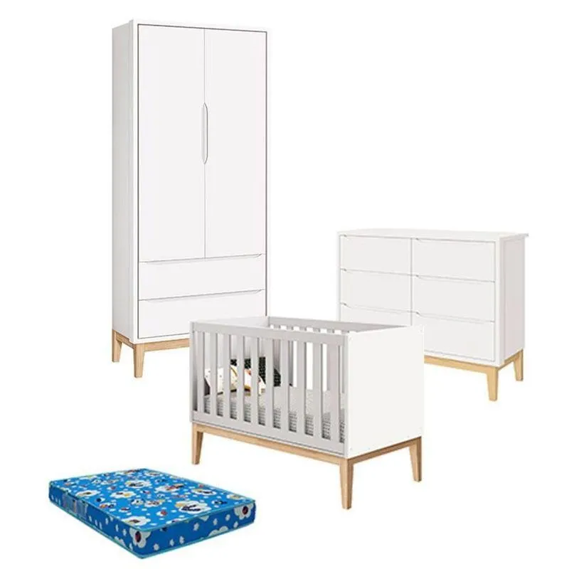 Quarto De Bebê 2 Portas E Cômoda 6 Gavetas New Classic Branco Com Pés Madeira Natural E Colchão Ortobom - Reller