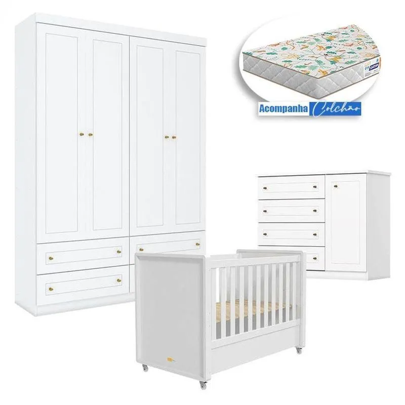 Quarto Infantil 4 Portas Mississipi Com Berço Tutto New Branco Fosco E Colchão Gazin - Matic
