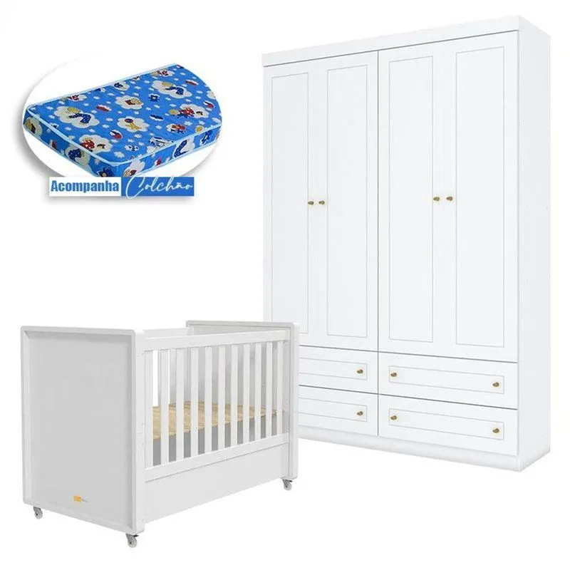 Berço Tutto New E Guarda Roupa Infantil Mississipi 4 Portas Branco Fosco Com Colchão Ortobom - Matic