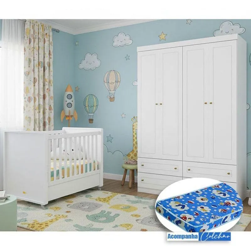 Berço Tutto New E Guarda Roupa Infantil Mississipi Ambiente 4 Portas Branco Fosco Com Colchão Ortobom - Matic