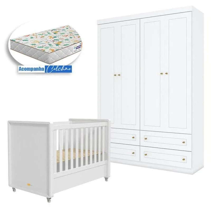 Berço Tutto New E Guarda Roupa Infantil Mississipi 4 Portas Branco Fosco Com Colchão Gazin - Matic