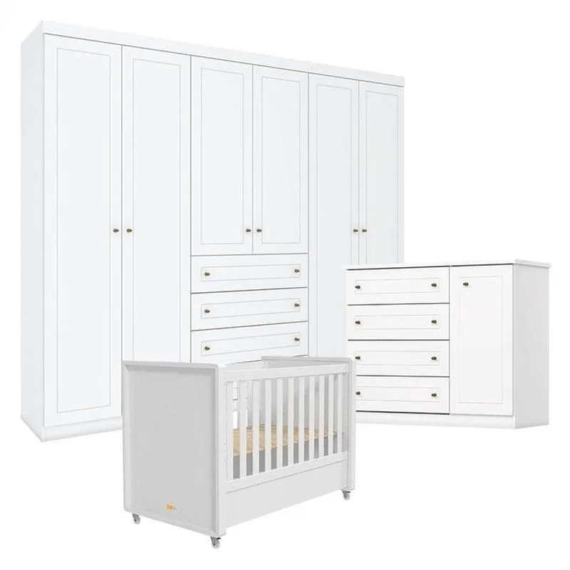 Quarto Infantil Mississipi 6 Portas Com Berço Tutto New Branco Fosco - Henn