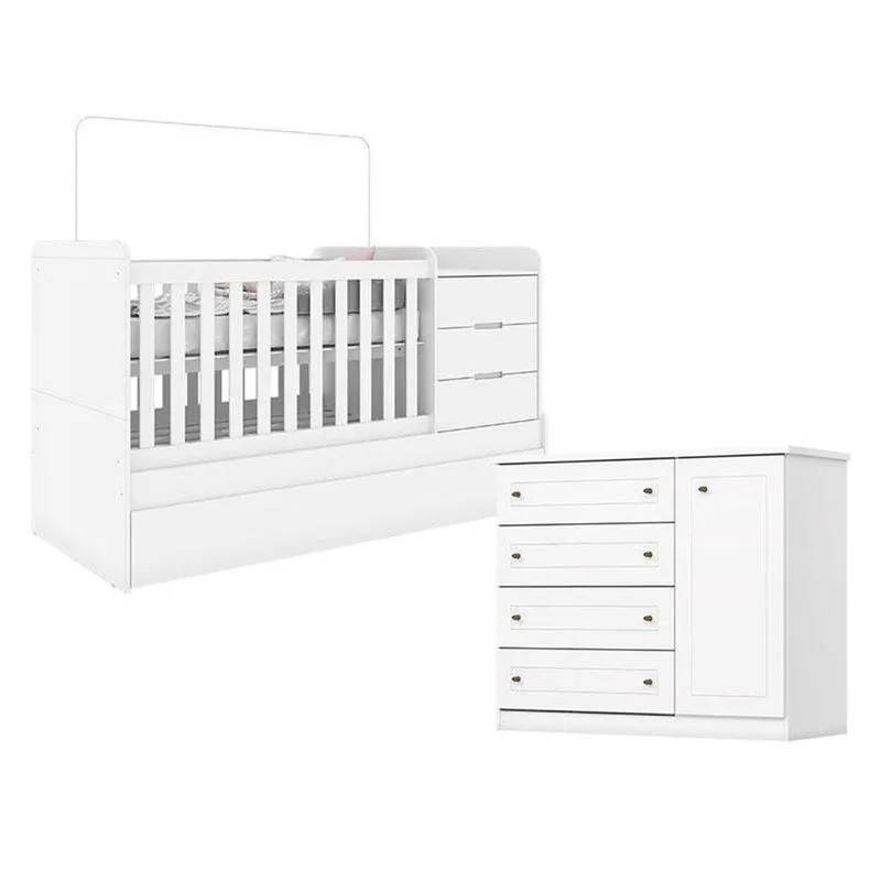 Berço Multifuncional Cleo E Cômoda Infantil Americano Branco Fosco - Carolina