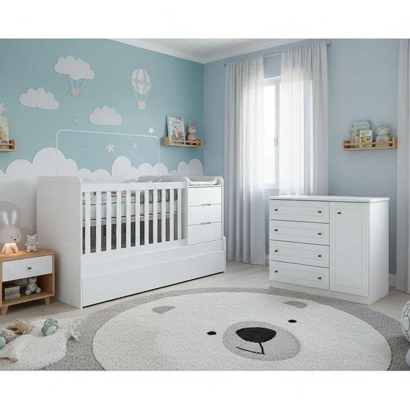 Berço Multifuncional Cleo E Cômoda Infantil Americano Ambiente Branco Fosco - Carolina