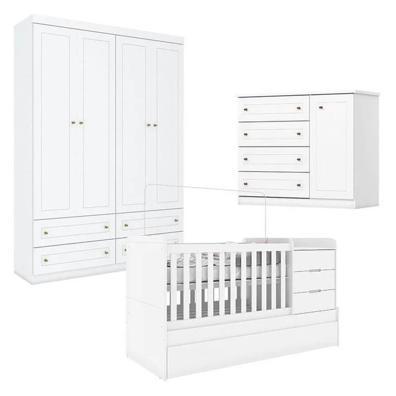 Quarto Infantil 4 Portas Americano Com Berço Multifuncional Cleo Branco Fosco - Henn