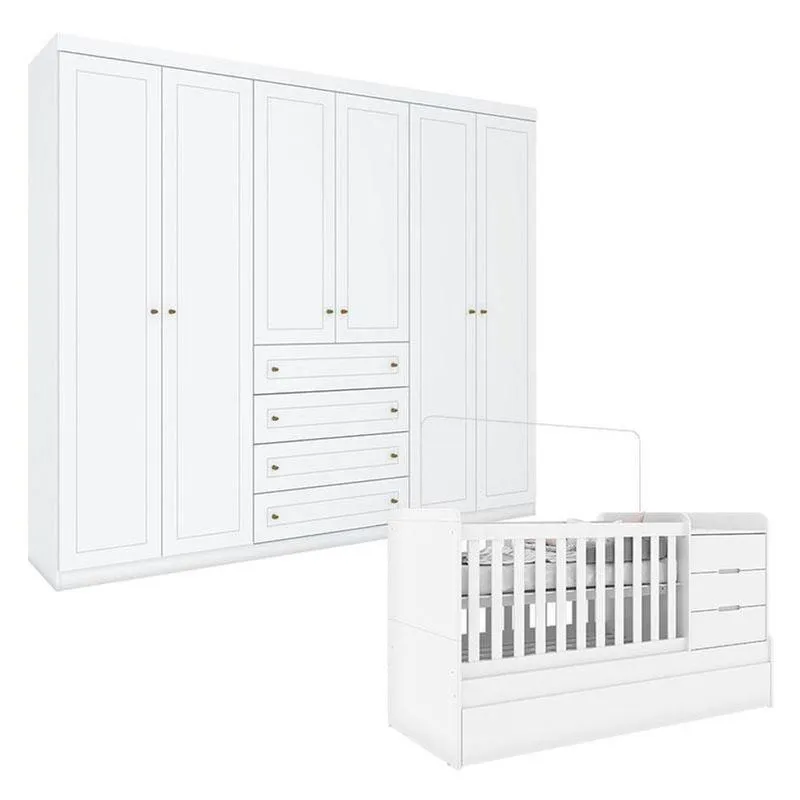 Berço Multifuncional Cleo E Guarda Roupa 6 Portas Americano Branco Fosco - Henn