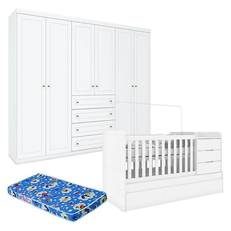 Berço Multifuncional Cleo E Guarda Roupa Infantil 6 Portas Americano Branco Fosco Com Colchão Ortobom - Henn