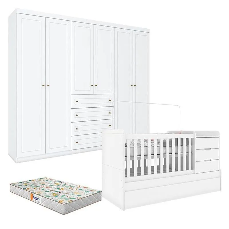 Berço Multifuncional Cleo E Guarda Roupa Infantil 6 Portas Americano Branco Fosco Com Colchão Gazin - Henn