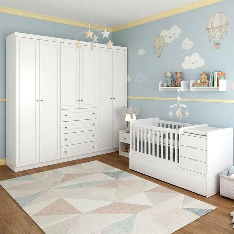 Berço Multifuncional Cleo E Guarda Roupa Infantil 6 Portas Americano Ambiente Branco Fosco Com Colchão Gazin - Henn