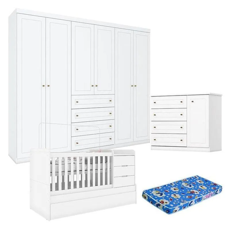 Quarto Infantil 6 Portas Americano Com Berço Multifuncional Cleo Branco Fosco E Colchão Ortobom - Henn