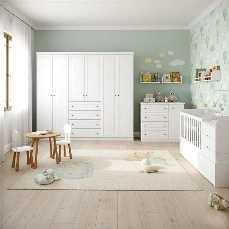 Quarto Infantil 6 Portas Americano Com Berço Multifuncional Cleo Ambiente Branco Fosco E Colchão Ortobom - Henn