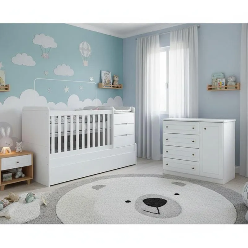 Berço Multifuncional Cleo e Cômoda Infantil Mississipi Ambiente Branco Fosco - Carolina