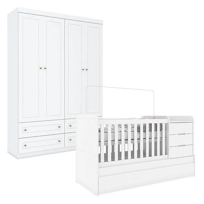 Berço Multifuncional Cleo E Guarda Roupa Infantil 4 Portas Mississipi Branco Fosco - Carolina