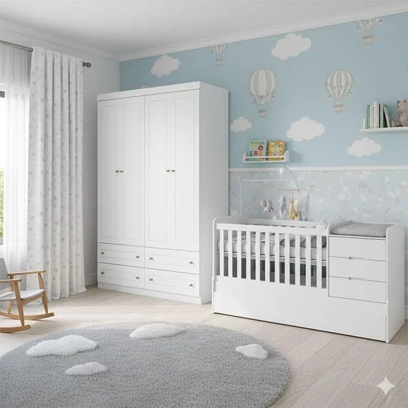 Berço Multifuncional Cleo E Guarda Roupa Infantil 4 Portas Mississipi Ambiente Branco Fosco - Carolina