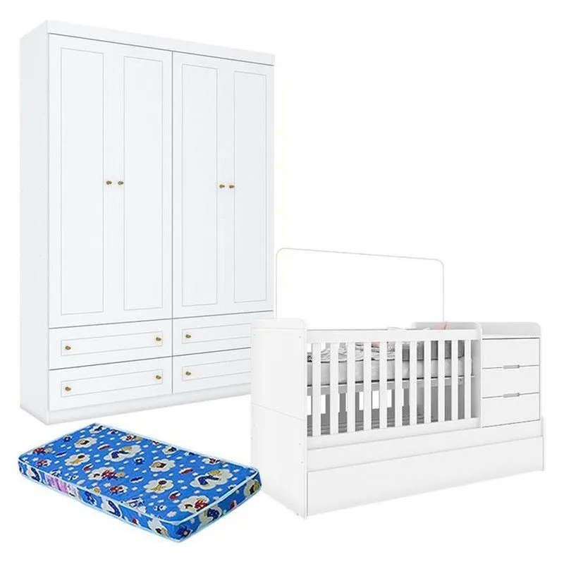 Berço Multifuncional Cleo E Guarda Roupa Infantil 4 Portas Mississipi Branco Fosco Com Colchão Ortobom - Henn