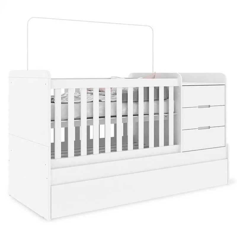 Quarto Infantil 4 Portas Mississipi Com Berço Multifuncional Cleo Branco Fosco Com Colchão Ortobom - Henn
