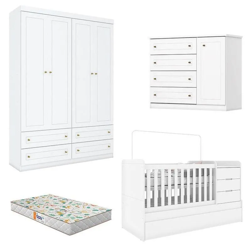 Quarto Infantil 4 Portas Mississipi Com Berço Multifuncional Cleo Branco Fosco Com Colchão Gazin - Henn
