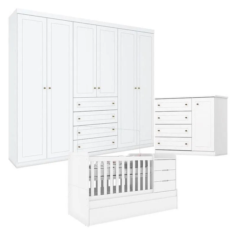 Quarto Infantil 6 Portas Mississipi Com Berço Multifuncional Cleo Branco Fosco - Henn
