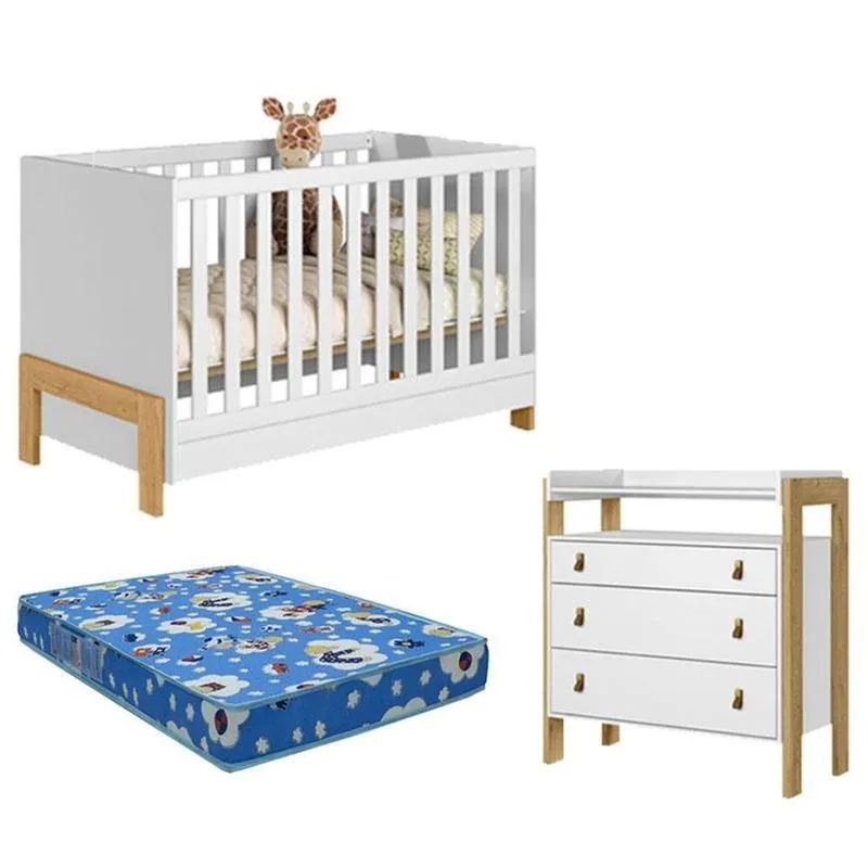 Berço Americano 4300 E Cômoda 4410 Fantasia Branco Acetinado Com Colchão Ortobom - Qmovi