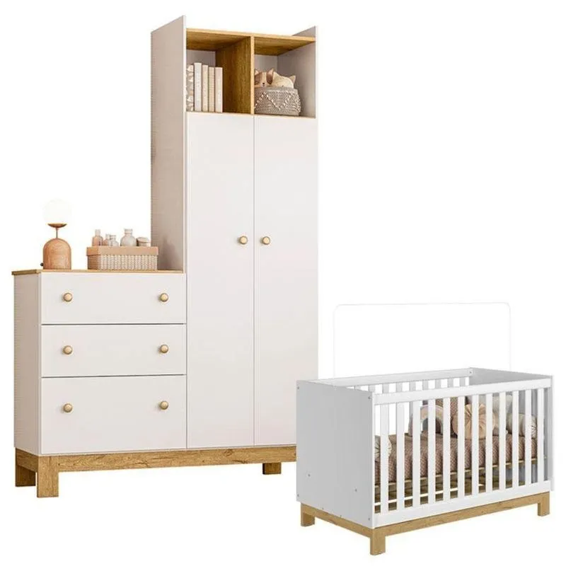 Berço Americano Infantil Mini Cama 4315 E Guarda Roupa Com Cômoda 4970 Slim Branco Acetinado - Qmovi
