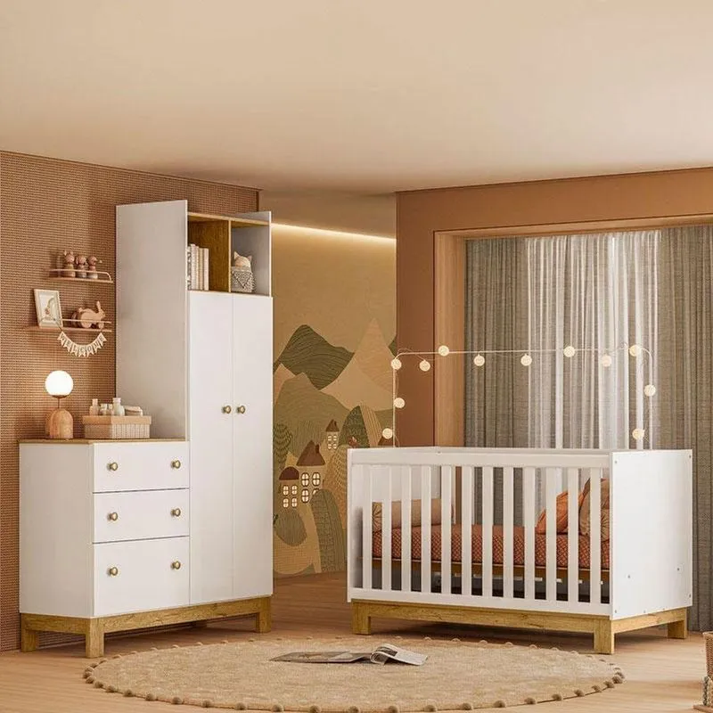 Berço Americano Mini Cama 4315 E Guarda Roupa Com Cômoda 4970 Ambiente Q Encanto Slim Branco Acetinado - Qmovi