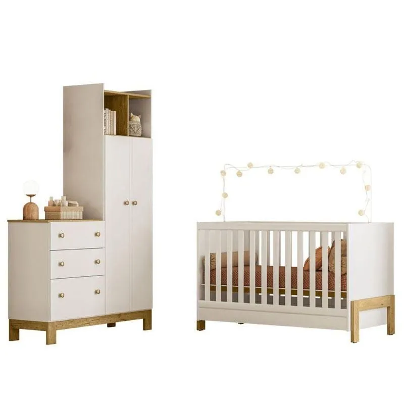Berço Americano Mini Cama 4300 Fantasia E Guarda Roupa Com Cômoda 4970 Slim Branco Acetinado - Qmovi
