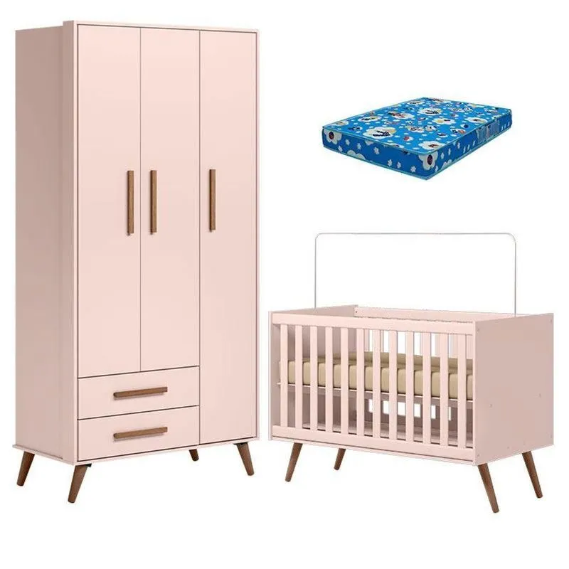 Berço Americano 3820 E Guarda Roupa Roupa 3830 Q Encanto Retrô Rosa Com Colchão Tend Tudo - Qmovi