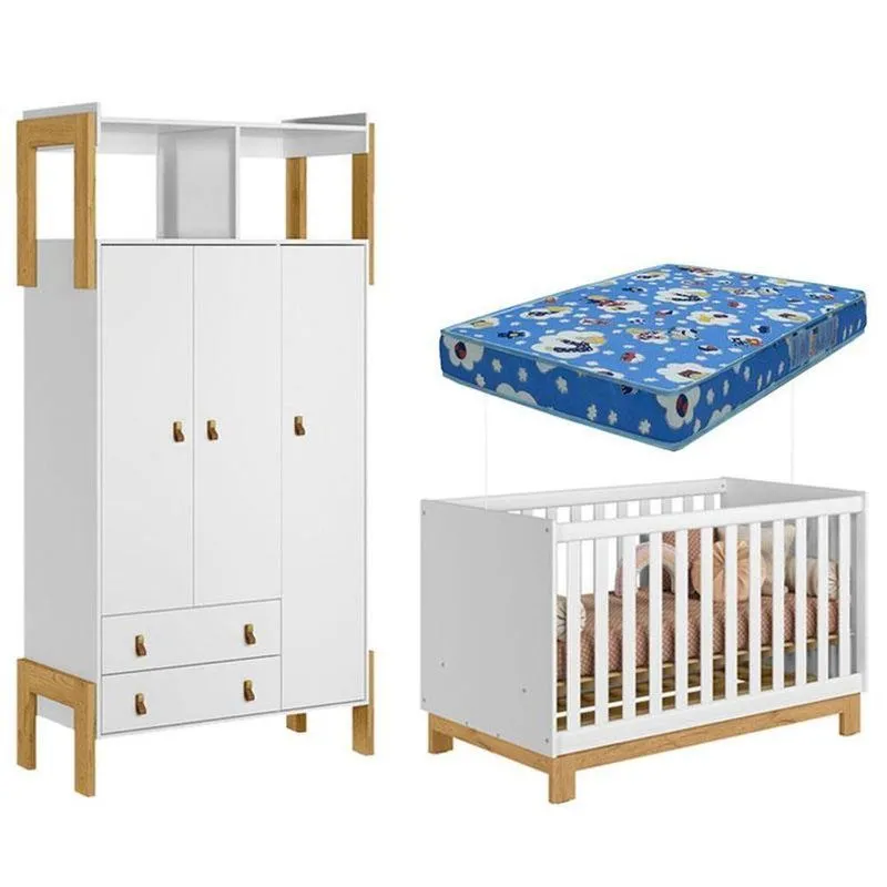 Berço Americano 4315 Mini Cama Q Encanto Slim E Guarda Roupa Fantasia 4375 Branco Acetinado Com Colchão Ortobom - Qmovi