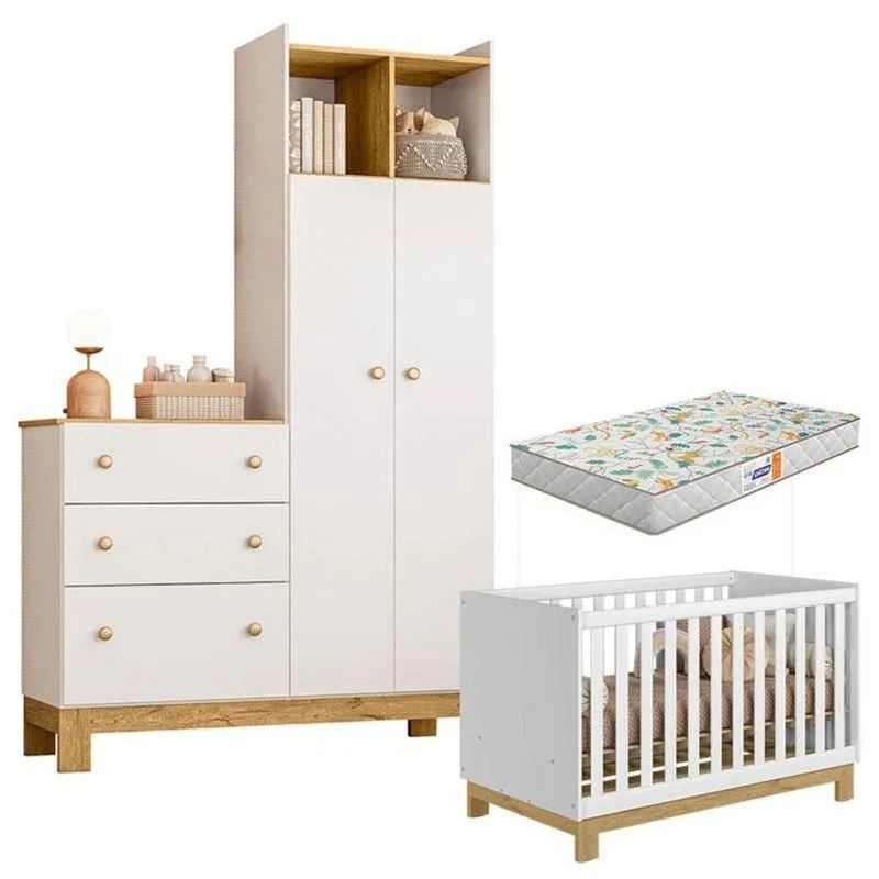 Berço Americano 4315 Mini Cama E Guarda Roupa Com Cômoda Q Encanto Slim 4970 Branco Acetinado Com Colchão Gazin - Qmovi