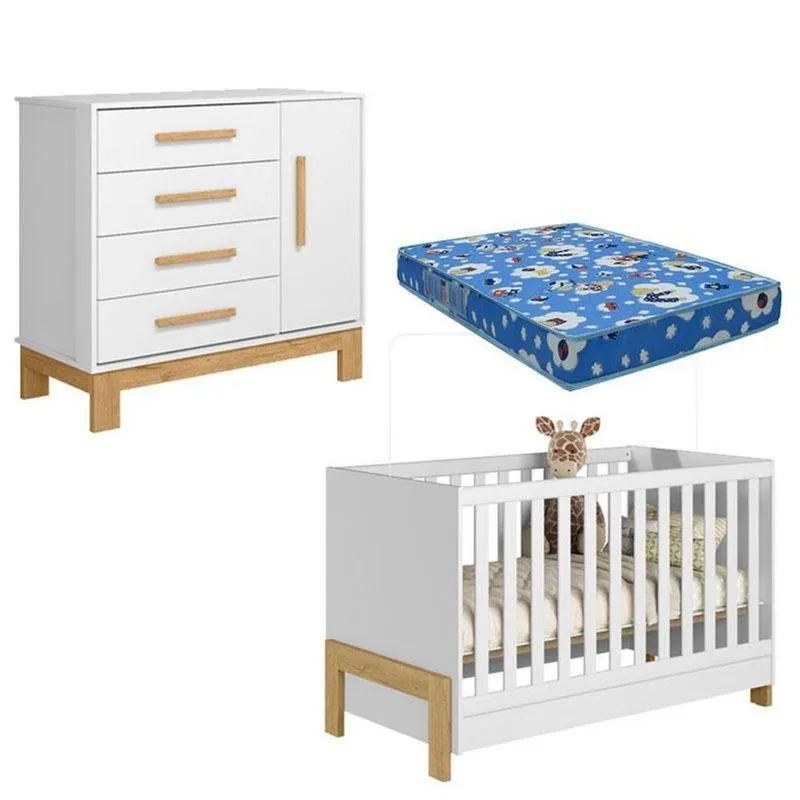 Berço Americano 4300 Fantasia E Cômoda 4355 Q Encanto Slm Branco Acetinado Com Colchão Ortobom Qmovi