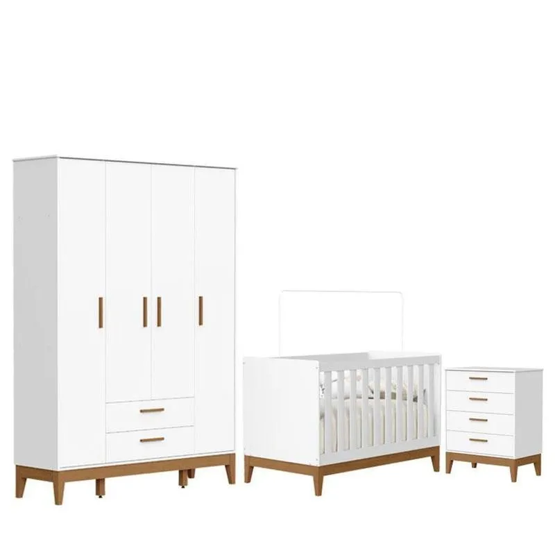Quarto De Bebê Flip Guarda Roupa 4 Portas E Cômoda Gaveteiro Branco Acetinado - Reller