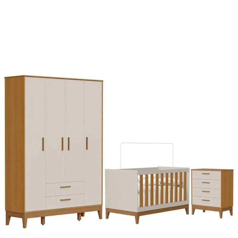 Quarto De Bebê Flip Guarda Roupa 4 Portas E Cômoda Gaveteiro Areia Acetinado Savana - Reller