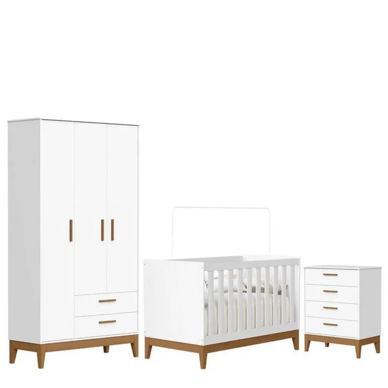 Quarto De Bebê Flip Com Cômoda Gaveteiro Branco Acetinado Com Berço Americano - Reller
