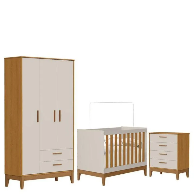 Quarto De Bebê Flip Com Cômoda Gaveteiro Areia Acetinado Savana - Reller