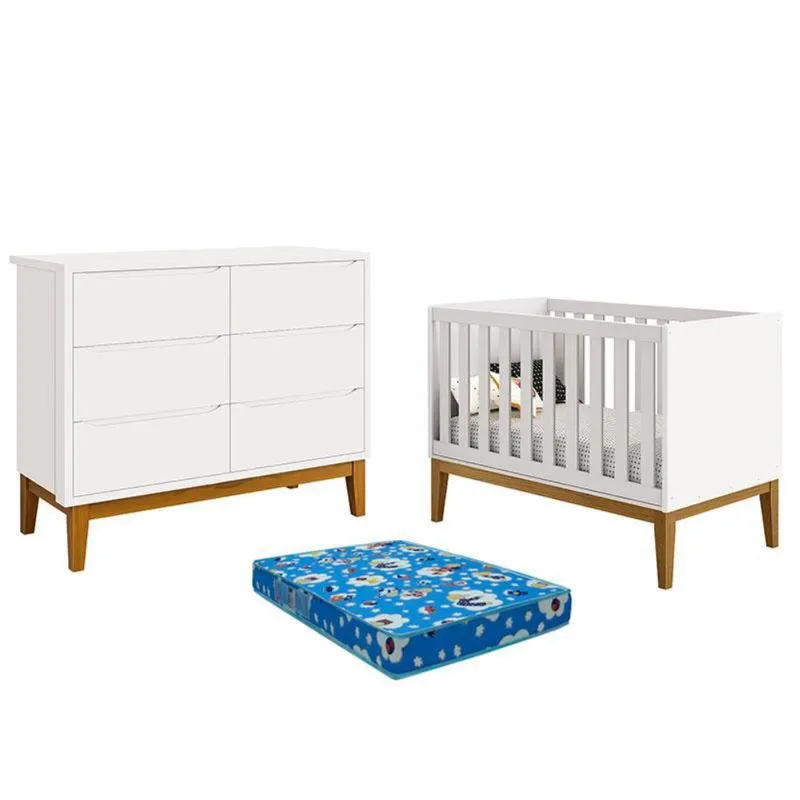 Berço Americano e Cômoda 6 Gavetas New Classic Branco com Pés Madeira e Colchão Ortobom – Reller