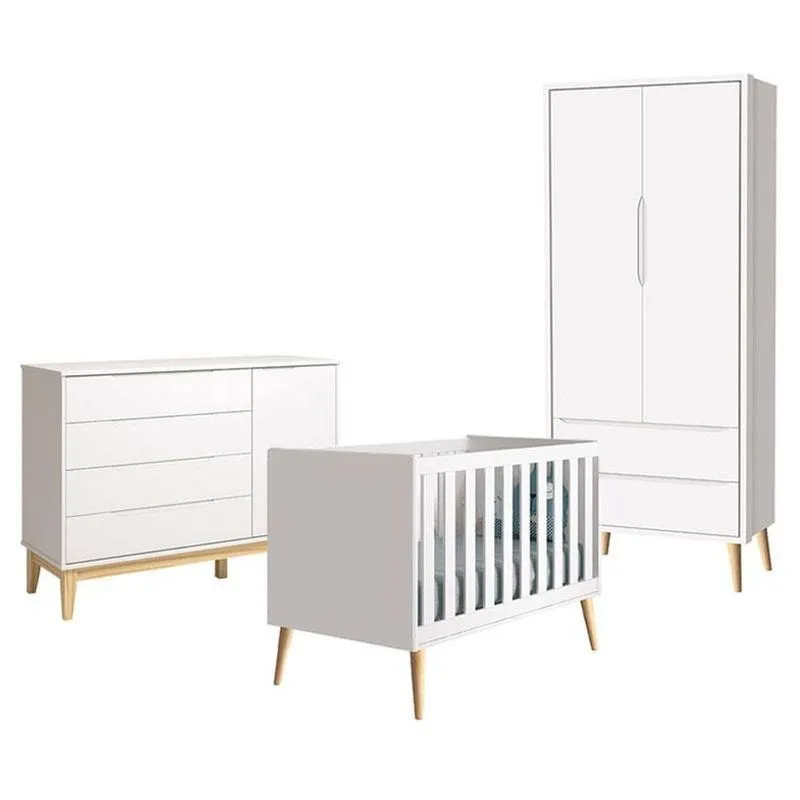 Berço Americano Com Guarda Rouupa 2 Portas Theo E Cômoda Classic Elfe Branco Acetinado Com Pés Madeira Natural - Reller
