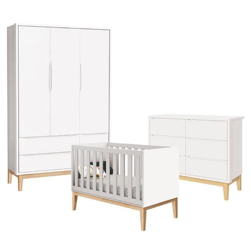 Quarto De Bebê Classic 3 Portas E Cômoda 6 Gavetas Branco Com Pés Madeira Natural - Reller