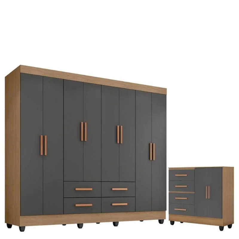Guarda Roupa Casal Porto Com Cômoda Lite 4 Gavetas 2 Portas Nature Cinza - Móveis Leão