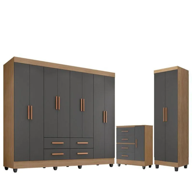 Guarda Roupa Casal Porto Com Cômoda Lite 4 Gavetas 01 Porta E Armário Multiuso Lite Nature Cinza - Móveis Leão