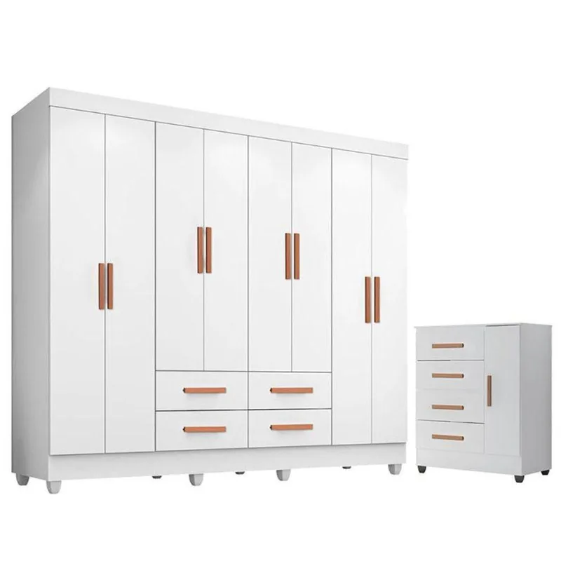 Guarda Roupa Casal Porto Com Cômoda Lite 4 Gavetas 01 Porta Branco Brilho - Móveis Leão