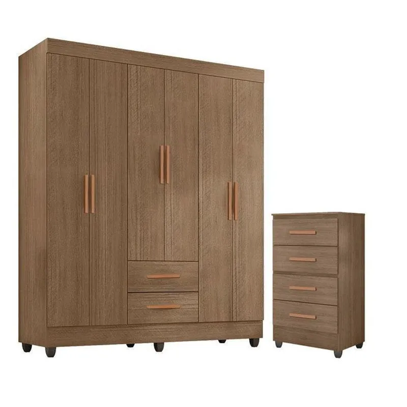 Guarda Roupa Casal 6 Portas E Cômoda 4 Gavetas Lite Carvalho Oak - Móveis Leão